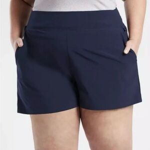 Athleta Brooklyn Shorts Elastic Waist 4 Inch Zip Pockets Stretch Navy-sz 18